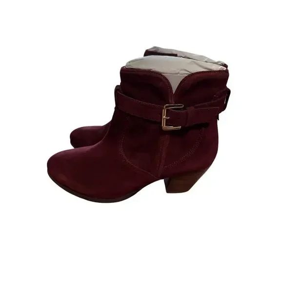 NWT Diba Shoes Bootie Burgundy Suede Brown Buckle Leather Women Sleek Block Heel - Picture 2 of 8